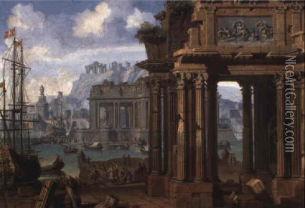 Vue D'un Port De Fantaisie Avec Ruines Antiques Oil Painting - Antonio Joli