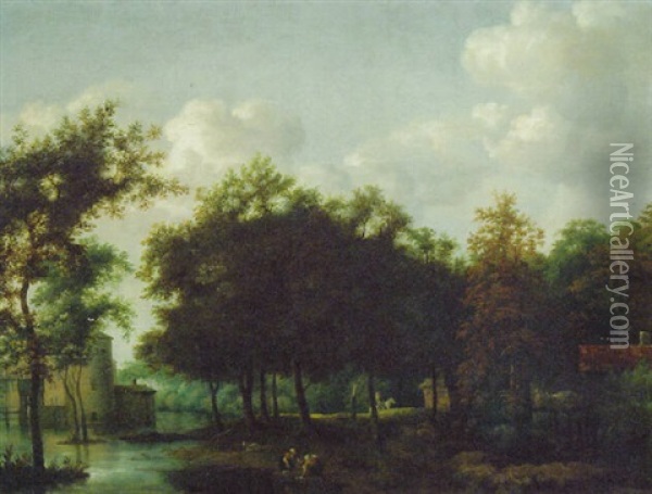 A Wooded Landscape With Washerwomen On A River Bank, A Castle Beyond Oil Painting - Jacob Van Ruisdael