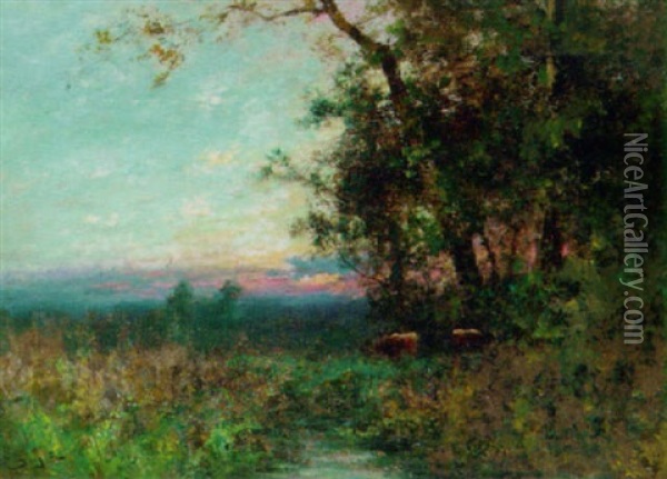 Cattle In A Water Meadow At Dusk Oil Painting - George A. Boyle