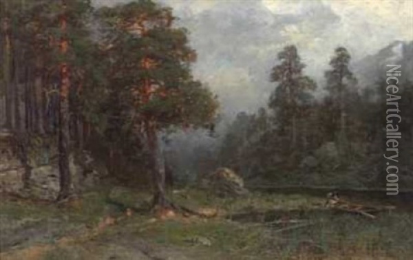 Mann Ved Skogstjern Oil Painting - Morten Mueller