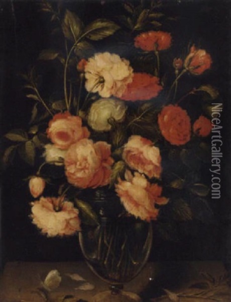 Red, Pink And White Roses In A Glass Vase With A Butterfly On A Ledge Oil Painting - Alexander Adriaenssen the Elder