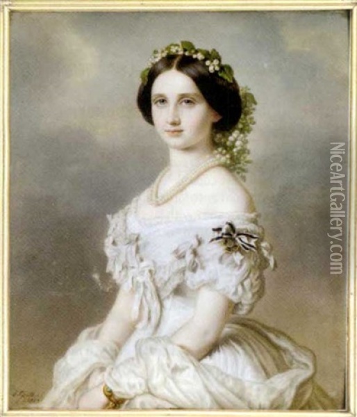 Louise, Grand Duchess Of Baden, In White Silk Dress With Bows Pinned On The Bodice And Sleeves, Holding A White Silk Stole Draped Around Her Arms And Waist, Gold Bracelet ... Oil Painting - Jacob Spelter