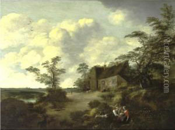 Figures Gathered Outside A Cottage In An Extensive Landscape Oil Painting - Cornelis van Zwieten