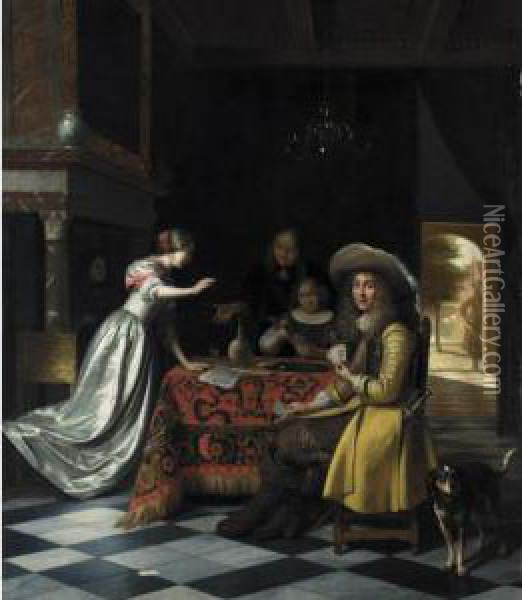 Card Players At A Table Oil Painting - Pieter De Hooch