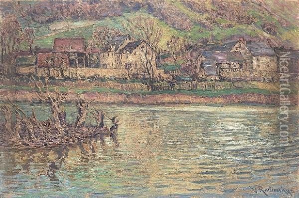 A Riverside Village Oil Painting - Vaclav Radimsky