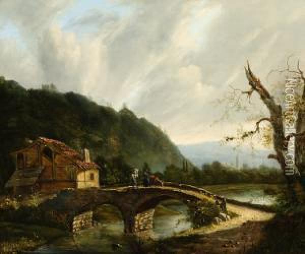 Mountainous Landscape With Figures On A Bridge Oil Painting - Jacobus Hendricus J. Nooteboom
