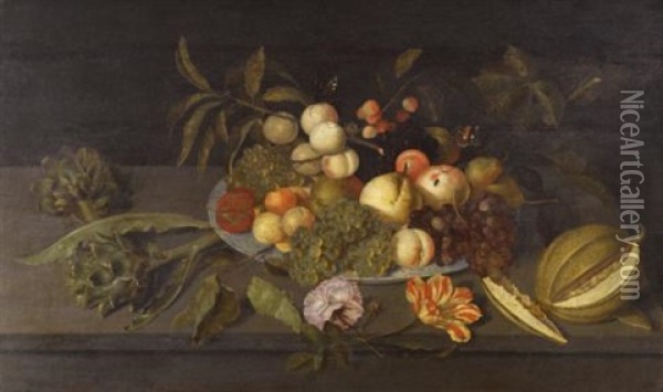 Still Life With Apples, Pears, Grapes, And Other Fruits In A Chinese Porcelain Bowl On A Ledge Alongside A Melon, Some Artichokes, And Some Flowers Oil Painting - Johannes Bosschaert