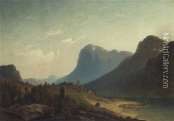 A Farmstead By A Norwegian Fjord Oil Painting - Harald (Sten H.) Torsslow