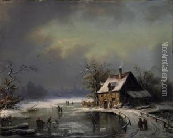 Riverlandscape Thickly Covered In Snow, In Front Of The City Gates. Oil Painting - Heinrich Gaudenz Von Rustige