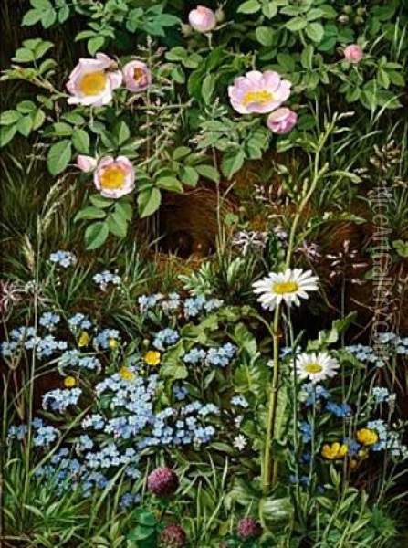 Dog Roses, Forget-me-not, Daisies, Buttercups And Clover. In The Centre A Bird's Nest With Eggs Oil Painting - Otto Didrik Ottesen