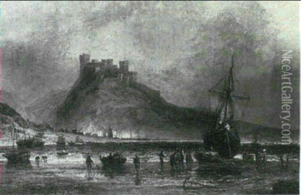 A Hill-top Fortress Protecting A Harbour Below Oil Painting - John Callow
