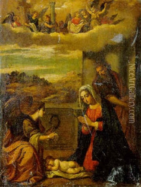 The Holy Family With Angels Holding The Instruments Of Passion Oil Painting -  Scarsellino