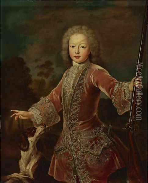 Portrait Of A Young Boy In A Hunting Jacket Holding A Musket Oil Painting - Pierre Gobert
