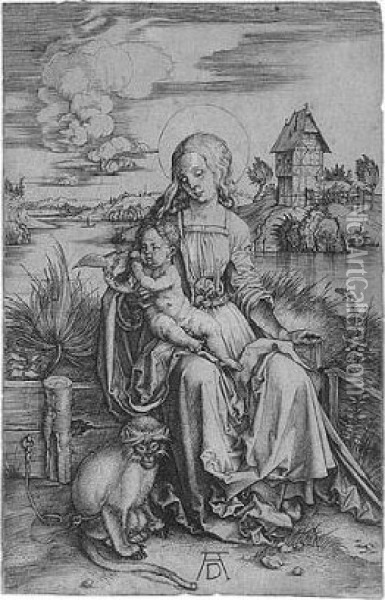 The Virgin And Child With The Monkey (bartsch 42; Meder, Holl.30) Oil Painting - Albrecht Durer
