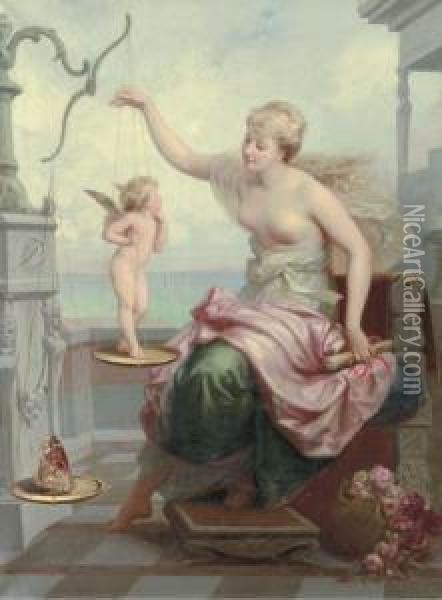 Weighing Cupid Against A Butterfly Oil Painting - Henri Pierre Picou
