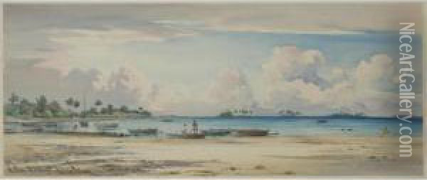 Sky Effect?over The Lagoon. Pearling Canoes, Puamotus Oil Painting - William Alister Macdonald