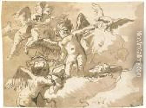 A Blindfolded Putto Standing On A Cloud With Other Putti And Aneagle Oil Painting - Giovanni Domenico Tiepolo