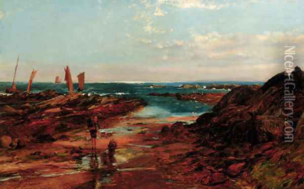 Boys crabbing on a beach Oil Painting - Alexander Jnr. Fraser