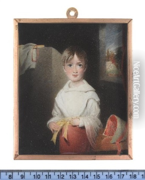 The Artist's Daughter, Mary, As A Young Girl, Wearing Coral Skirt, White Blouse, Yellow Sash, Coral Lined Bonnet On Table By Her Left Oil Painting - Thomas Hargreaves