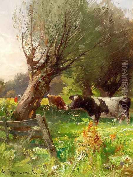 Grazing Cows Oil Painting - Roman Kochanowski
