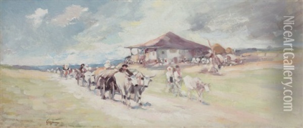 Bull Carts At Oratii Oil Painting - Nicolae Grigorescu