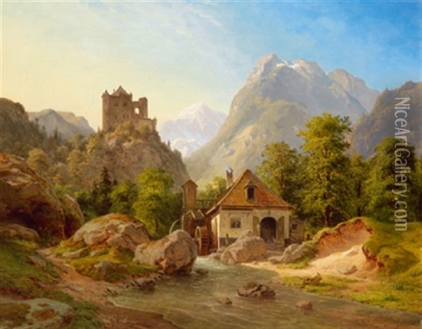 Gebirgslandschaft Mit Burg Und Wassermuhle Oil Painting - Georg Emil Libert
