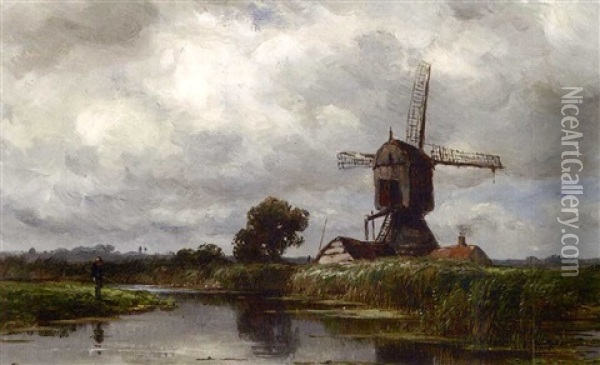 An Angler Near A Windmill Oil Painting - Jan Willem Van Borselen