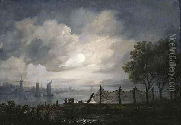 A moonlit river landscape with anglers Oil Painting - Aert van der Neer