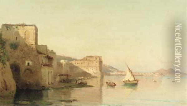 A View On Palazzo D'anna And The Bay Of Naples, The Vesuvius In The Distance Oil Painting - Alessandro la Volpe