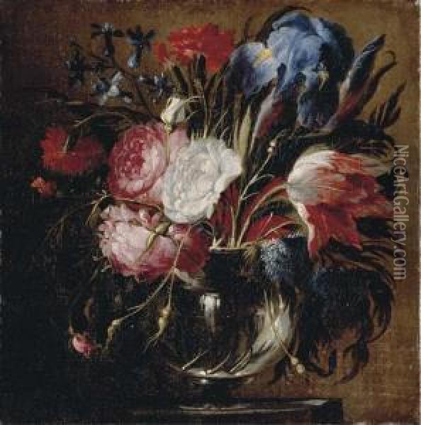 A Tulip, Carnations, Roses, Irises, Bluebells And Other Flowers Oil Painting - Juan De Arellano
