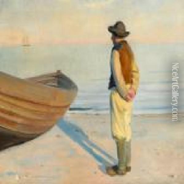 Fisherman On The Beach In Afternoon Light Oil Painting - Michael Ancher