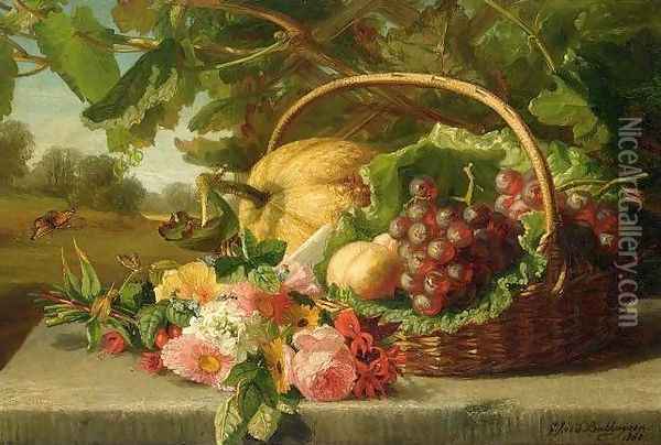 Still Life with Flowers, Grapes and a Melon Oil Painting - Geraldine Jacoba Van De Sande Bakhuyzen