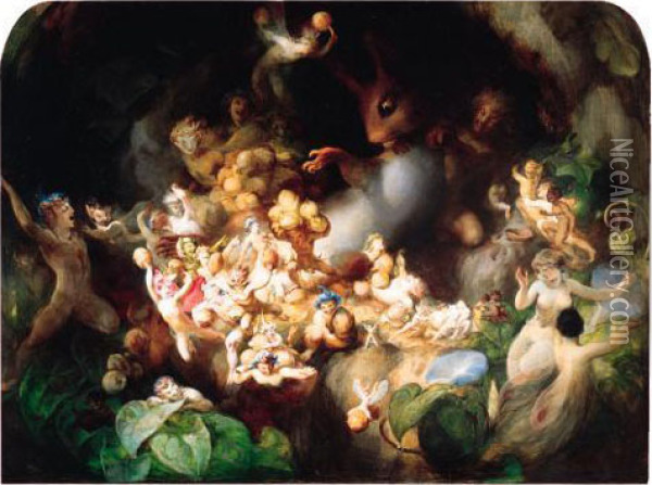 Titania's Elves Robbing The Squirrel's Nest - Midsummer Night's Dream Oil Painting - Robert Huskisson
