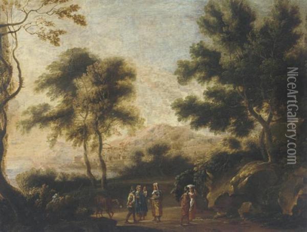 Travelers In A Wooded Landscape, By A Bay Oil Painting - Herman Van Swanevelt