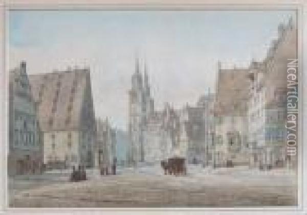 View Of Nuremberg Market Squarewith Figures By A Pump Oil Painting - William Callow