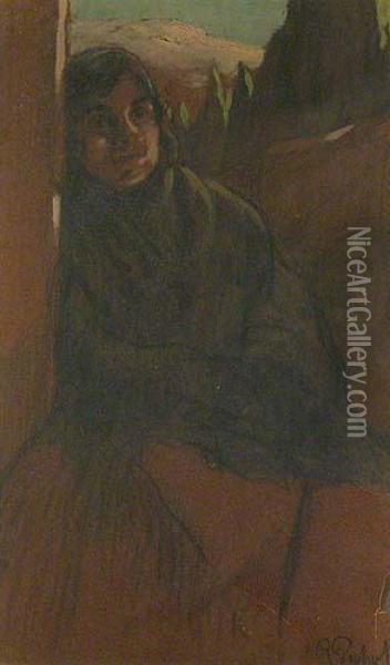 Figura Femenina En El Quicio. Oil Painting - Ramon Pichot Gironès
