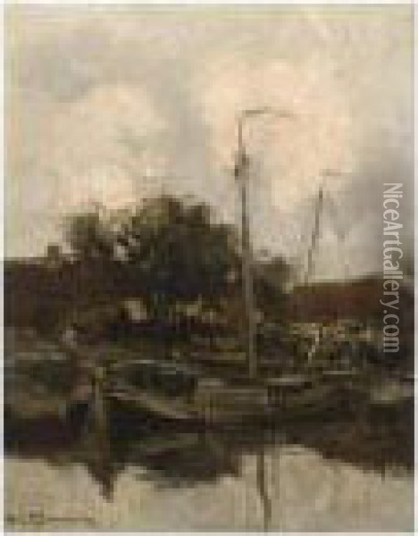 Moored Sailingvessels Oil Painting - Willem George Fred. Jansen