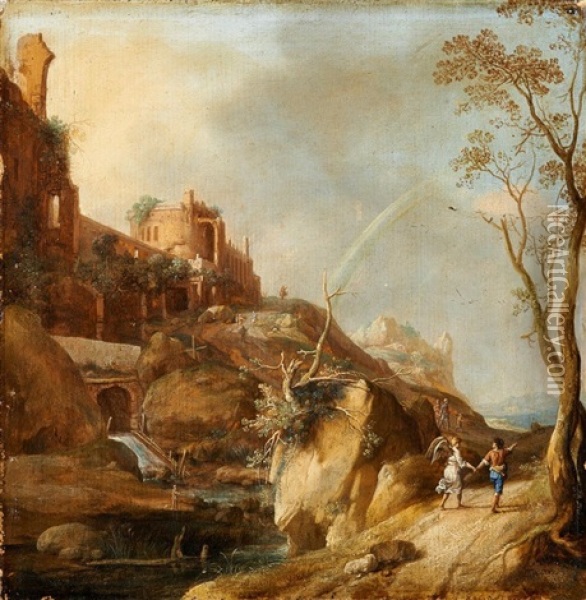 Gebirgige Landschaft Mit Tobias Und Dem Engel Oil Painting - Bartholomeus Breenbergh