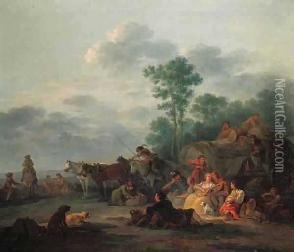 Travellers resting, with a couple making music in a landscape Oil Painting - Francesco Giuseppe Casanova