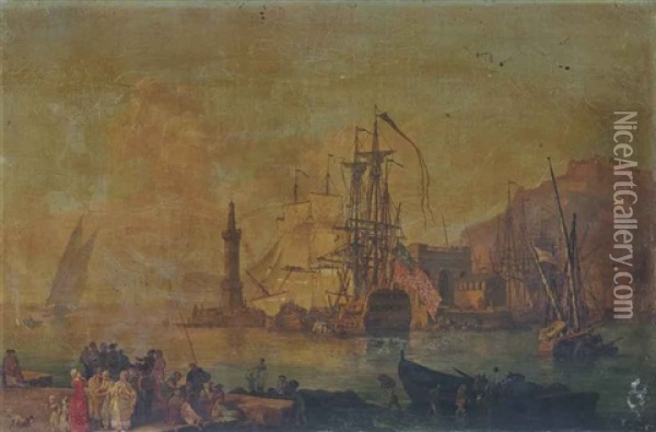 Port Mediterraneen Avec Des Marchands Et Des Joueurs De Cartes Oil Painting - Pierre Jacques Volaire