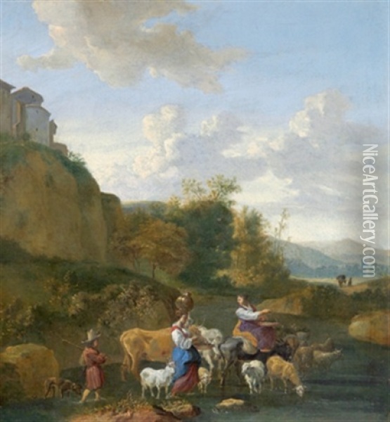Hirten Mit Ihrer Herde In Einer Sudlichen Landschaft Oil Painting - Hendrick Mommers