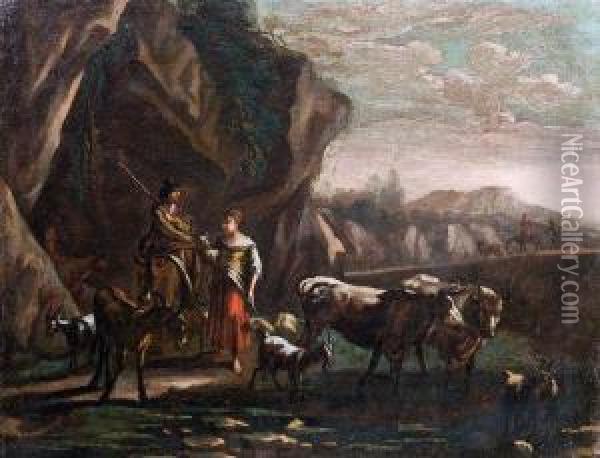 Hirtenpaar Mit Ihrem Vieh Vor Einer Felsgrotte An Einer Quelle Oil Painting - Jan Asselyn