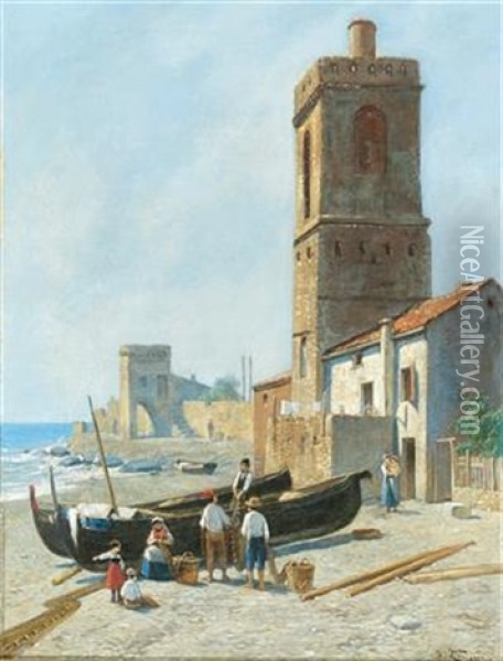Fisherman And Family On The Italian Coast Oil Painting - Jacques Francois Carabain