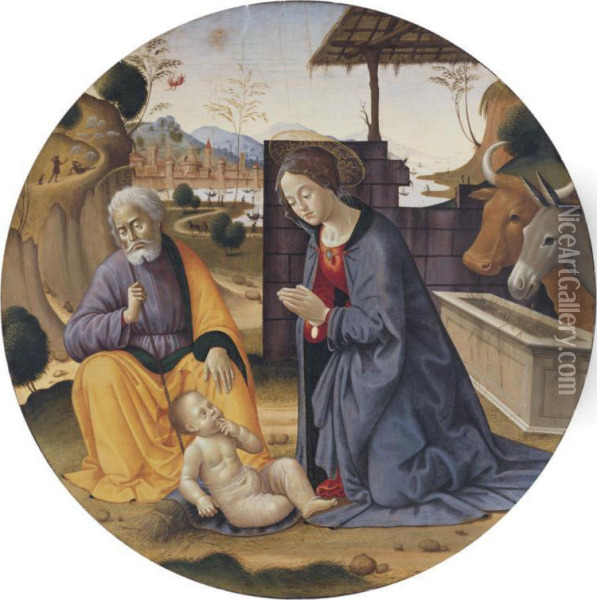 The Madonna And Saint Joseph Adoring The Christ Child, The City Of Florence Beyond Oil Painting - Bastiano Mainardi