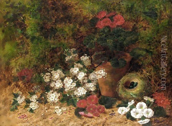 Still Life With Flowers And A Bird Nest Oil Painting - Oliver Clare