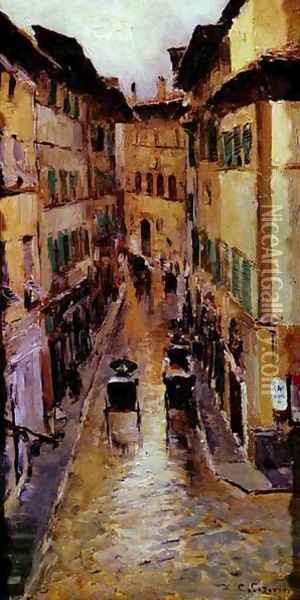 A Florence Street In The Rain 1888 Oil Painting - Bernardo Strozzi