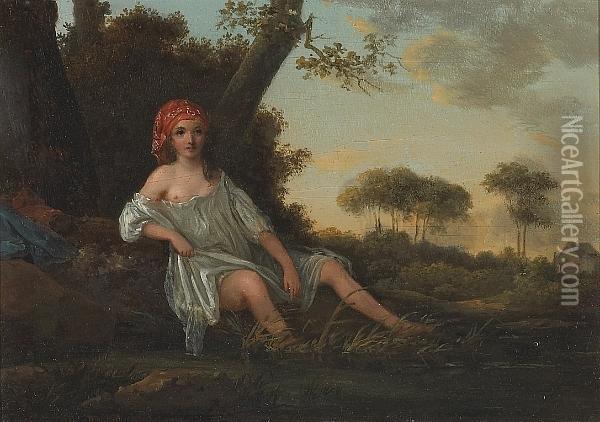 A Girl Resting By A Pond With A Farmhouse Beyond Oil Painting - Jean-Baptiste Huet I