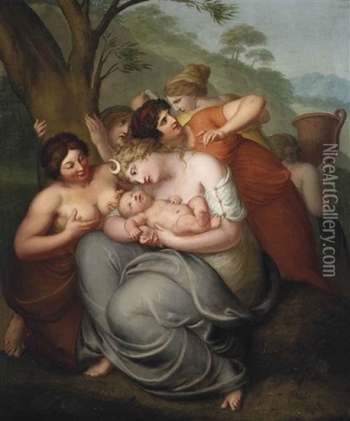 Diana Attending A Child Surrounded By Nymphs Oil Painting - Johan Josef Langenhoeffel