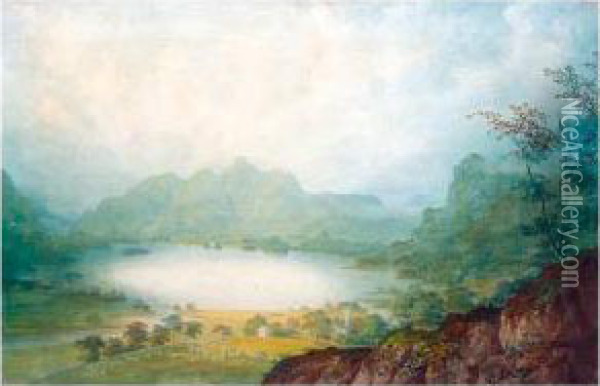 A River In Cumberland; Keswick Lake Oil Painting - John Laporte