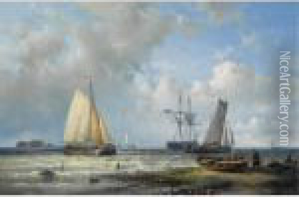 Dutch Barges In A Calm Oil Painting - Abraham Hulk Jun.